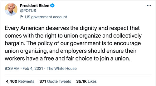 Biden pro union Tweet